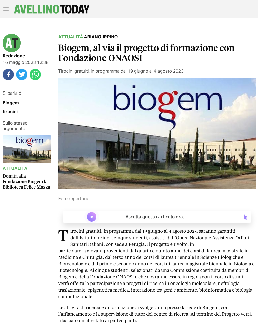 Biogem, al via il progetto di formazione con Fondazione ONAOSI